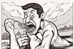 a man eating the strongest chili pepper in the world and screams in pain and cries, cartoon style