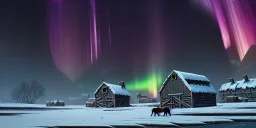 Medieval fantasy small Cattle farm in a bleak cold land, northern lights, misty