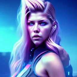 Katheryn Winnick, hyper realistic, cyberpunk style, shaved hair, gradient color, BLUE, PINK, CYAN, neon, insanely detailed, 16k resolution, perfect eyes, cinematic smooth, intricate detail