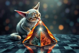 airbrush with pen outline, gremlin cat kissing a reflective pyramid orb containing plasma in the style of Escher , bokeh like f/0.8, tilt-shift lens 8k, high detail, smooth render, down-light, unreal engine, prize winning