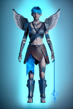 a person in runic armor with blue wings, blue short hair, runic tattoo and spell book