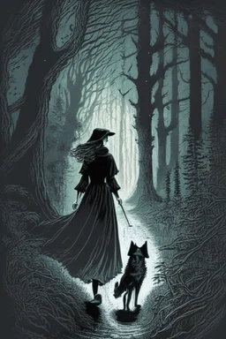 in the style of a Henry Justice Ford drawing, a beautiful witch walks through a dark forest, a dog is coming towards her