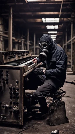 a person with a gas mask in an abandoned big massive factory, playing with a modular synth piano