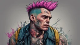 multicolored background, drawing, punk hooligan man, tattoo, high resolution, Artstation trends, fine details, 8K