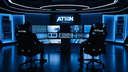 a human silhouette sits in a black film producer's chair in a futuristic studio, the inscription capture white sharp word text on the back of the chair "Atti", around and front many big hd monitors with prompts cods, blue lines, blue neon light, windows, Professional photography, canon lens, shot on dslr 64 megapixels, sharp, cinematic