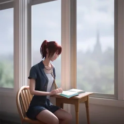 female student studying by the window, anime style, unreal engine 5, sun light, studio lighting --ar 1:1