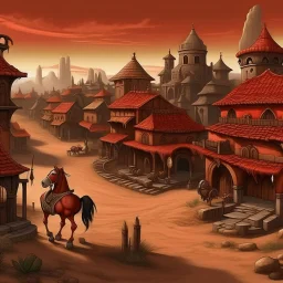 A grayish red Western town with fiery horseshoes designed in ancient Egyptian pottery