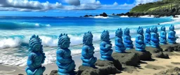 A blue watery beach designed in Hawaiian tiki statues painted by Katsushika Hokusai