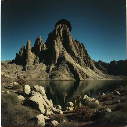 Sublime foto close-up polaroid ad alta definizione di una montagna rocciosa, surreale, colors, cityscape scifi, collage art, dadaism, sublime, splimapys nero, cielo blu scuro, acqua nera riflette un sole nero, macabre piante circondano il lago, hypermaximalist, Max Ernst style, strangeness, intricate, hypnotic, obsessive, Yves Tanguy, 8k, deep 3d field, very accentuated details of the rocks and sht frn, eerie, artistic photo, shot on Hasselblad, large format film, medium format film