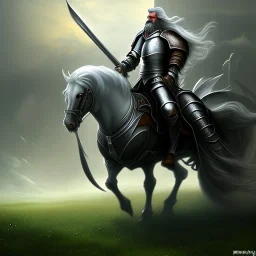 great old knight with flowing white hair and beard riding black horse toward castle