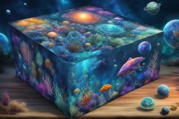 hyperrealistic, 4k, box for storing things with beautiful drawings a lot of colours, very detailed, subnautica, sea plants, planets space, galaxies,