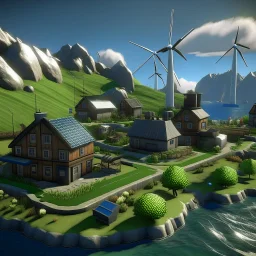 Realistic village with hydraulic, solar and wind power green energy