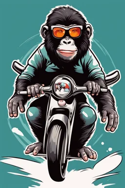 Ape riding on a fast scooter, with sunglasses, making a silly face, cartoonize, logo