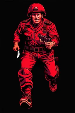 american soldier(uniform and face based on racist steriotypes) running towards viewer, a knife i one hand, and a gun(barrel pointing at viewer) in the other. blocky retro 1960's jack kirby style poster in monochrome with white background