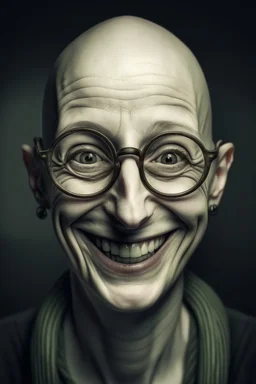 bald dark laugh woman Big eyes glasses