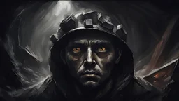 (masterpiece), best quality, expressive eyes, miners, working inside a mine, dark horror art style, dark art style, horror art style