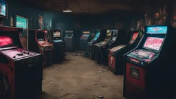 desolate dark arcade, many arcade cabinets, horror, no humans