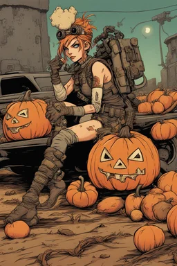 The editors want somethin' new for their magazine yarn but all I can think of is ol' Tank Girl and her latest pumpkin misadventures in the wasteland. I dig deeper in me pumpkin thinker but it's feelin' rather squashy - must be all the pumpkin spice coffee I've been swiggin'. Wonder where our favorite rogue raider's gotten herself to this time? I picture her zoomin' across the dusty flats on her trusty pumpkin-orange dragster, her tatty leather coat flappin' in the breeze. Desert as far as the ey