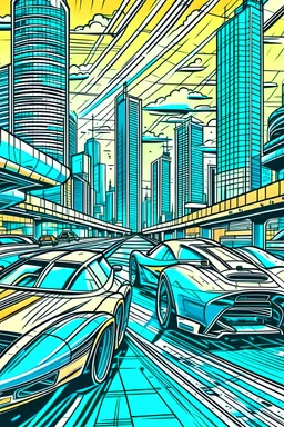 racing cars of the future high-tech style future city background (full-size )comic style illustration