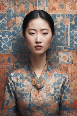 abstract editorial image, asian woman portrait, moroccan tiles pattern, mixed media