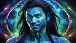 beautiful gorgeous young man na'vi with long hair, Avatar, blue skin, two small ears, green eyes, black hair, in cosmic suit, galactic ambiance, medium pointy goatee , smiling, nebulas and sacred geometry light figures on the backgroud,