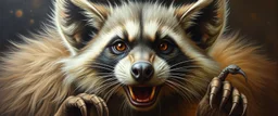 master oil painting with some air brush, fluffy hyena cat racoon gremlin realistic and creepy, straight from the lich lab, in the style of Escher and Titian