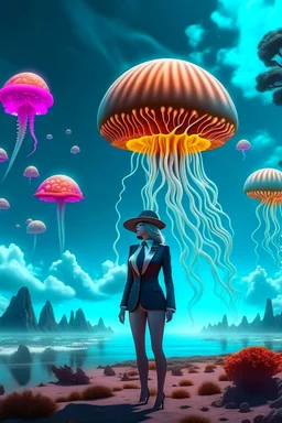 woman in a form-fitting suit, standing on a beach of an alien world, watching mushrooms with jellyfish tentacles in the sky