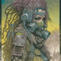 front facing full length portrait illustration of a grunge armored female with beaded dreadlock hair cyberpunk vampire mercenary with gas mask, telecommunications headset, and shemagh, highly detailed with gritty post apocalyptic textures, toxic irradiated landscape, finely detailed facial features and hair, in the graphic novel style of Bill Sienkiewicz, and Jean Giraud Moebius, with elements of collage, mimeograph, and pen and ink, realistic light and shadow