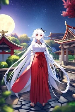 girl, masterpiece, best quality, cinematic lighting, detailed outfit, vibrant colors, perfect eyes, white hair, very long hair, braided ponytail, red eyes, hakama, shrine, moon, starry sky, plants, stone walkway, lamppost, butterflies,