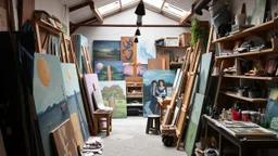 A glimpse into a painter's workshop, overflowing with canvases and creative energy.