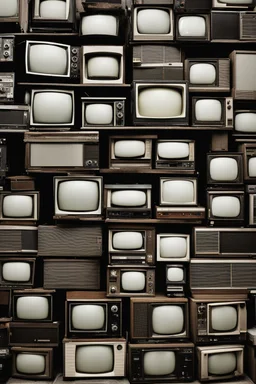 A stack of old tv sets tuned to a static channel