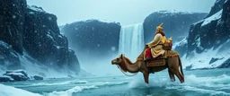 valley of the super happy crying guru riding explorer in deep trouble by the water fall, glitter disco glam luxury spiked camel pig in snow storm