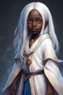 Eight-year-old sorceress girl, dark skin, blue eyes, straight snow-white hair, dressed in epic robes, with a mischievous look.