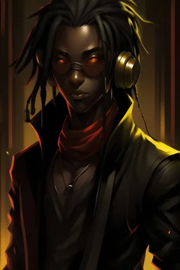 Anime black male, age 20, short thick dreadlocks reaching neck length, dark brown natural hair color, black zip up jacket, golden eyes, lean slim muscular body, glowing red cybernetic features in hair, black blindfold, nier automata artstyle