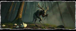 3d airbrush render,i was cooking garlic and went out to eat and something hit me hard and i wake up puked and wrestled a lycantrophy and ran to the forest to sleep , pinhole cam, airbrush 3d rendering, in the style of Titian and Dali , torn edges on border