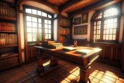 Fantasy medieval study room with desk