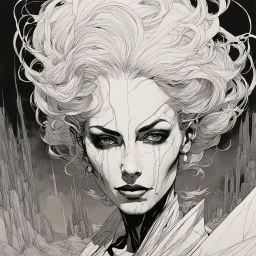 create a highly ethereal, darkly magical surrealist portrait illustration of the mother of vampires, Lamae Bal, with highly detailed and deeply cut facial features, in the chaotic, turbulent, otherworldly landscape of Coldharbour in the comic art style of BILL SIENKIEWICZ and JEAN GIRAUD MOEBIUS, searing lines and forceful strokes, precisely drawn, inked, and darkly colored