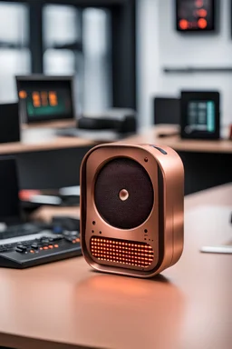 hand held CUSTOMIZABLE SPEAKER with a display screen and it is made of a industrial copper plastic on a desk