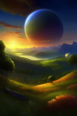 can you create a planet that has a perpetual twilight, bathes in a gentle, warm glow. The landscape is diverse, with rolling hills, vibrant meadows, and sparkling lakes that reflect the soft light of the suns above. The air is crisp, carrying a soothing breeze that whispers through the colorful foliage. Only include the planet and make the background dark