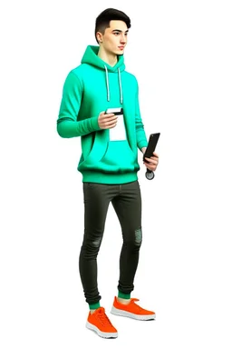 Modern guy, 20s, "holding ipad in left hand", looks like a "renaissance painting look", walking forward, full body, "persian green hoodie", blue pants, "right hand pointing down". "Front facing" "forward view" white background