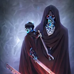 The grim reaper in human skin in the style of FATE STAY NIGHT by TYPEMOON, Anime Key Visual, Deep Color, Intricate, 8k resolution concept art, Natural Lighting, Beautiful Composition head and shoulders portrait, 8k resolution concept art portrait by Kentaro Miura, Alphonse Mucha dynamic lighting hyperdetailed intricately detailed Splash art