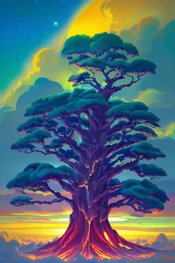 scenic photo of a vibrant Big tree, stretching high above the clouds, its branches adorned with radiant colourful lanterns that lead the way to a hidden realm of celestial vivid spirits. sunset setting, birds and fireflies flying