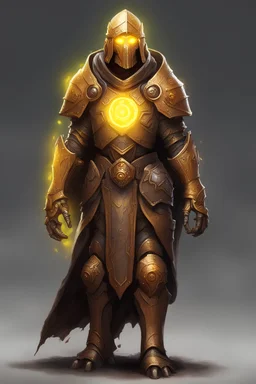 Copper Warforged, druid, glowing yellow eyes, wearing cloak, dungeons and dragons, light armor
