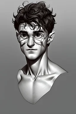 draw a full sorcerer's body, look like harry potter. he is tall, slim and strong. he has short and curly dark hair. he wears round glasses. he has a a medium mouth and a large scar on the face.