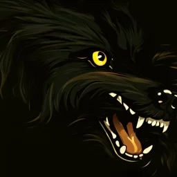 an angry scruffy black terrier on black background, yellow eyes, make 30% brighter, illustration
