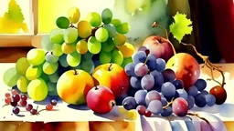 watercolor painting grapes and fruits onthe table