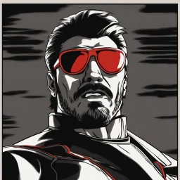 a young man with big muscles who looks like hans gruber wearing a turtleneck and red sunglasses staring with an angry look on his face