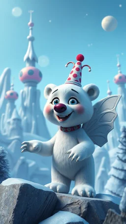 Liza from frozen as a polar bear clown angel up in frozen artic jungle with weird alien towers, in the style of Pixar, expertly crafted in a whimsical and vibrant cartoon style. is masterfully rendered in a lifelike 3D design, which captivates viewers with there irresistible charm.