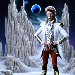 David bowie full body, white snow owl feathery fancy 1700's time period clothes, Jim Henson's The Labyrinth, Jareth the goblin king, crystal balls in hand, wearing spandex grey leggings, huge crotch bulge, labyrinth illusion, floating broken stairs in background, floating broken earth in background, anatomically correct, 8k hyper realistic, 80s aesthetics,