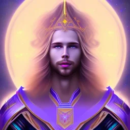 smiling beautifull long hair blond man face with small cristal diadem on the forehead , cosmic armor and cosmic purple and blue sky behind